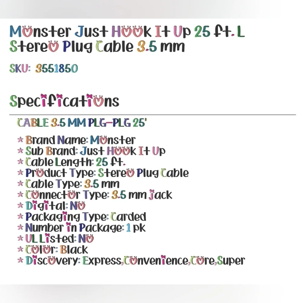 Monster Just Hook It Up 25ft Stereo Plug Cable 3.5mm JHIUOO23